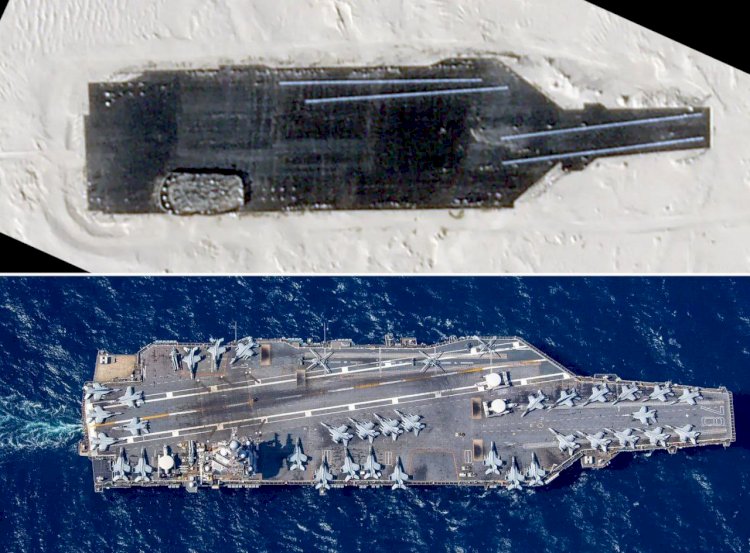 China constrói réplica do porta-aviões USS ‘Gerald R. Ford’ no deserto para usar como alvo de treinamento para mísseis balísticos